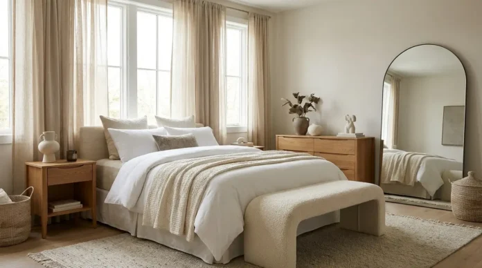 Quiet luxury bedroom ideas featuring neutral décor, layered bedding, natural textures, and elegant furniture under a $500 budget.