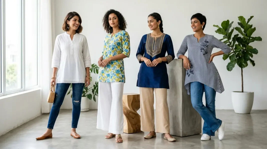 Short kurti for women featuring white, printed, embroidered, and modern design short kurtis styled with jeans and palazzo pants. Short kurti for women featuring white, printed, embroidered, and modern design short kurtis styled with jeans and palazzo pants.