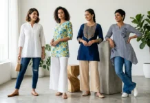 Short Kurti for Women: Trendy Styles & Buying Guide Short kurti for women featuring white, printed, embroidered, and modern design short kurtis styled with jeans and palazzo pants.