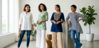 Short kurti for women featuring white, printed, embroidered, and modern design short kurtis styled with jeans and palazzo pants.