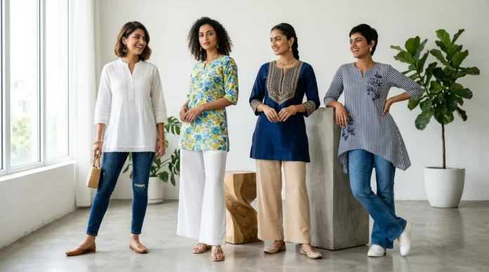 Short kurti for women featuring white, printed, embroidered, and modern design short kurtis styled with jeans and palazzo pants.