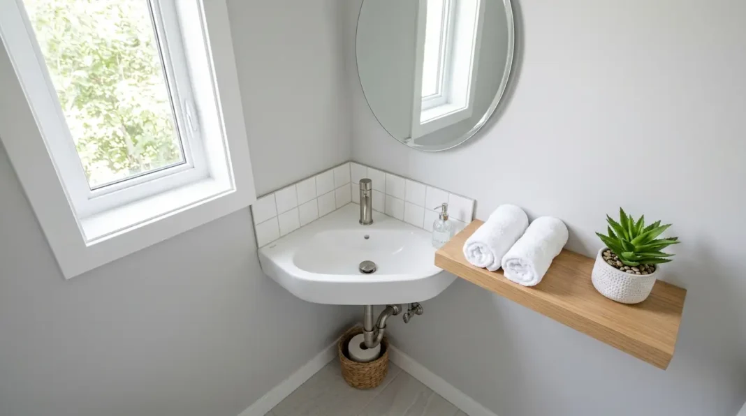 Small-Corner-Sinks Modern Space-Saving Bathroom Design Modern small-corner-sinks installation in a compact bathroom with a round mirror and minimalist decor.