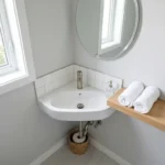 Modern small-corner-sinks installation in a compact bathroom with a round mirror and minimalist decor.