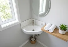 Modern small-corner-sinks installation in a compact bathroom with a round mirror and minimalist decor.