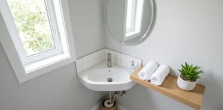 Modern small-corner-sinks installation in a compact bathroom with a round mirror and minimalist decor.