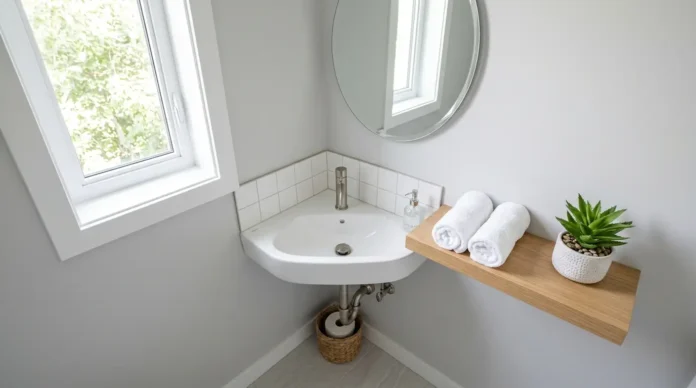 Modern small-corner-sinks installation in a compact bathroom with a round mirror and minimalist decor.