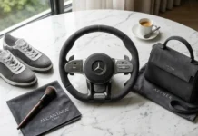 What Is Alcantara Material? Care, Cleaning & Benefits What Is Alcantara Material Luxury Alcantara fabric on a designer handbag and premium car interior with cleaning accessories.