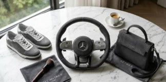 What Is Alcantara Material Luxury Alcantara fabric on a designer handbag and premium car interior with cleaning accessories.