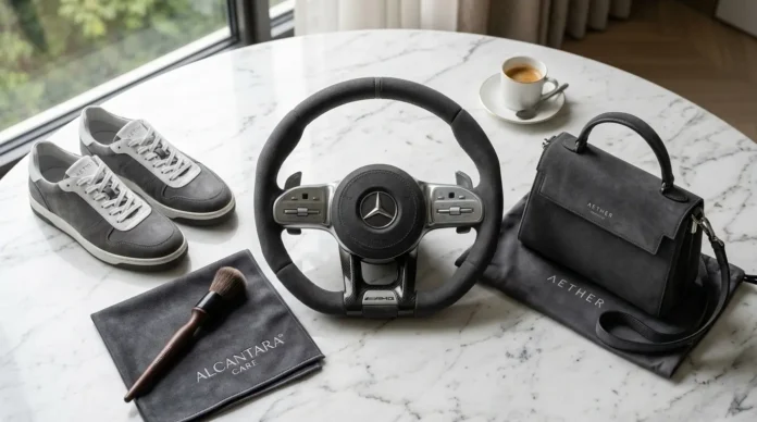 What Is Alcantara Material Luxury Alcantara fabric on a designer handbag and premium car interior with cleaning accessories.