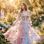 Romantic Butterfly Dress Every Woman Dreams Of Woman wearing a Romantic Butterfly Dress with delicate butterfly details in a beautiful flower garden.