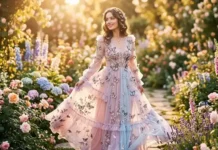 Woman wearing a Romantic Butterfly Dress with delicate butterfly details in a beautiful flower garden.