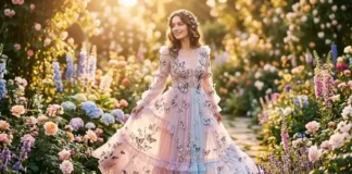 Romantic Butterfly Dress Every Woman Dreams Of Woman wearing a Romantic Butterfly Dress with delicate butterfly details in a beautiful flower garden.