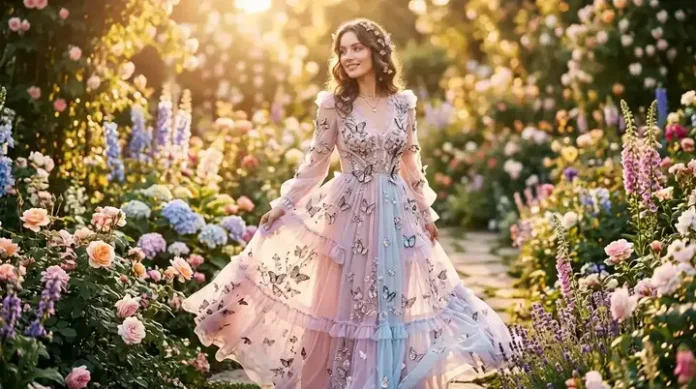 Woman wearing a Romantic Butterfly Dress with delicate butterfly details in a beautiful flower garden.
