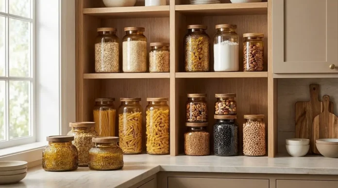 Amber glass pantry storage containers with bamboo wood lids organized on kitchen shelving
