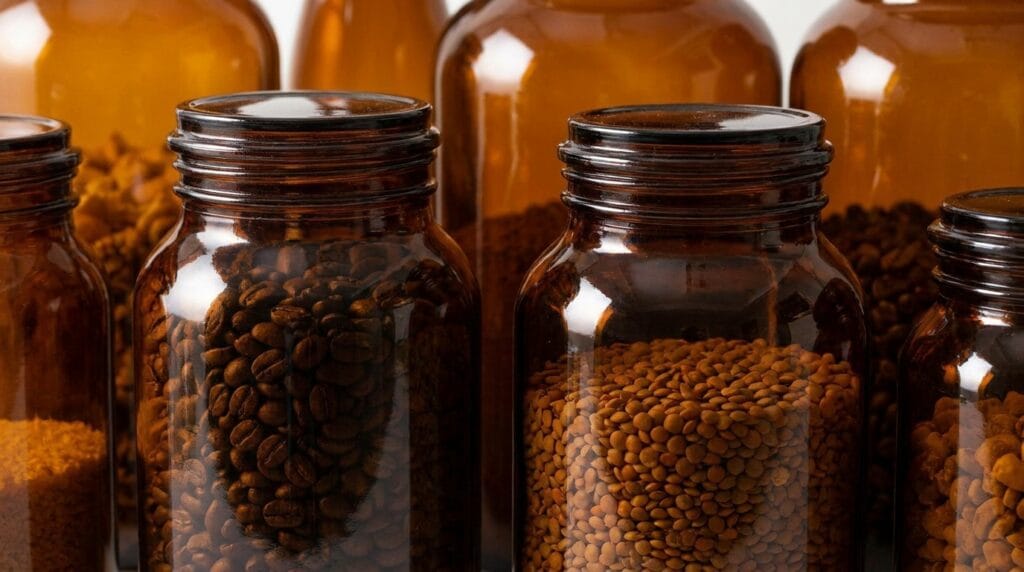 Amber Glass Pantry Storage Containers with Bamboo Wood Lids 1 Amber Glass vs Clear Glass Pantry Containers Storage Comparison