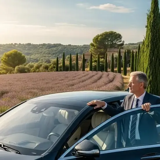 Luxury car with chauffeur traveling through scenic European countryside