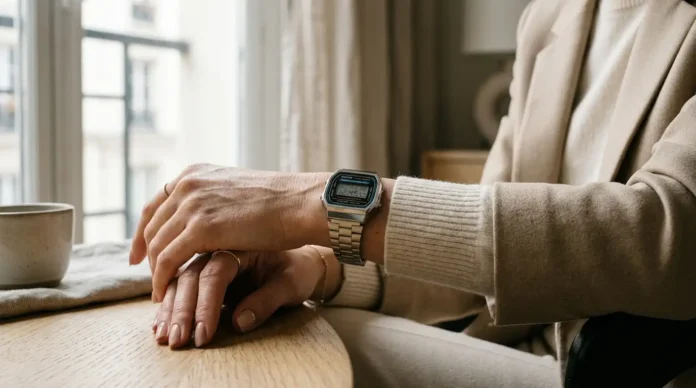 Casio vintage watch woman wearing a retro digital watch with a metal bracelet