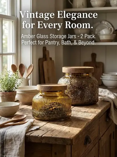 Amber Glass Pantry Storage Containers with Bamboo Wood Lids 2 Two decorative amber glass jars with airtight wooden lids for stylish kitchen pantry storage and organization