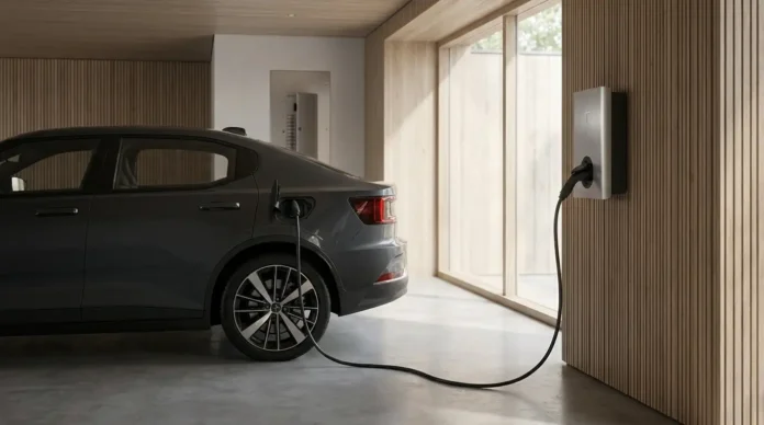 EVSE Level 2 charger connected to an electric vehicle in a modern home garage