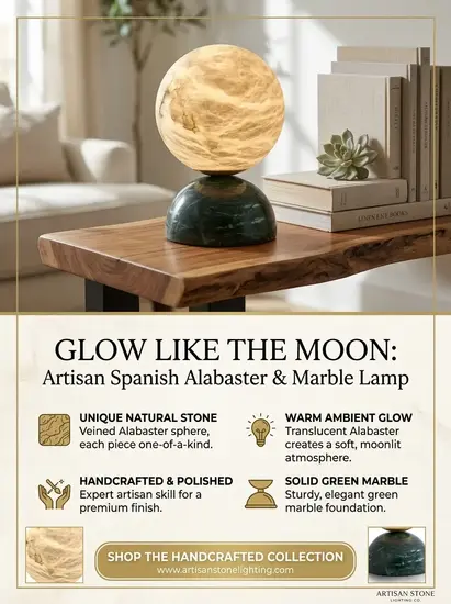 Wireless Alabaster & Marble Touch Lamps Guide 2 Handcrafted natural Spanish alabaster stone moon lamp glowing with warm light on an elegant interior table