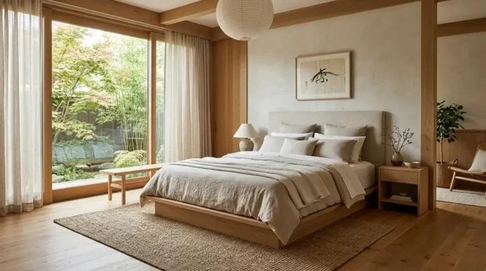 Luxury Japandi bedroom with oak platform bed and linen bedding