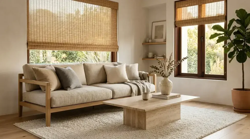 Japandi Living Room Ideas: 15 Luxury Designs That Balance Calm & Craft 2 Luxury Japandi living room with oak sofa and travertine coffee table