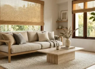 Japandi Living Room Ideas: 15 Luxury Designs That Balance Calm & Craft Luxury Japandi living room with oak sofa and travertine coffee table