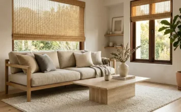 Japandi Living Room Ideas: 15 Luxury Designs That Balance Calm & Craft Luxury Japandi living room with oak sofa and travertine coffee table