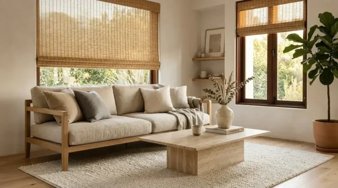 Luxury Japandi living room with oak sofa and travertine coffee table