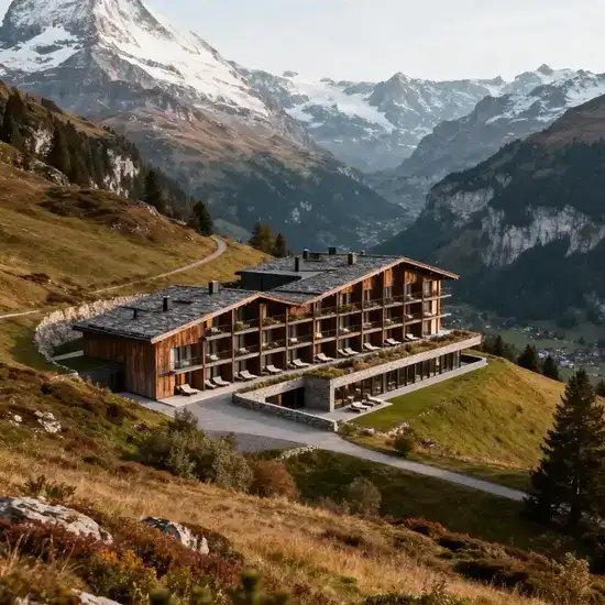Luxury Swiss Alps hotel surrounded by dramatic mountain scenery