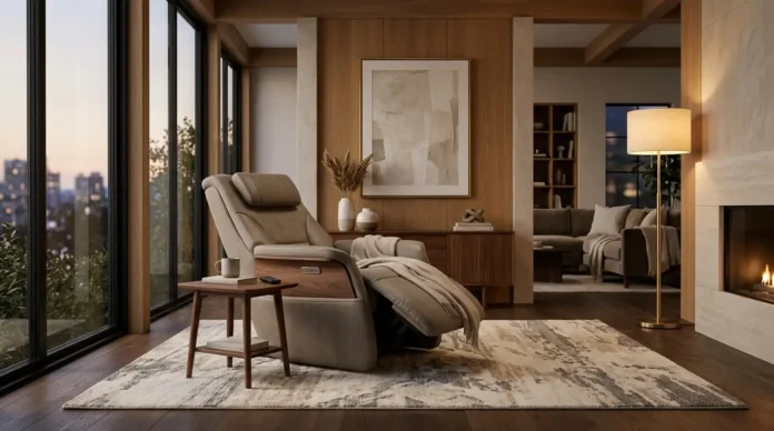 Luxury living room featuring a modern massage recliner and elegant home wellness interior
