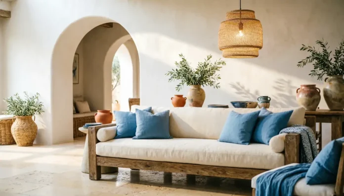 Mediterranean home decor with warm plaster walls, natural wood, terracotta, and linen
