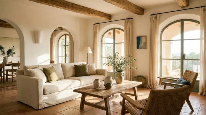 Mediterranean style home interior designs with warm neutral colors, terracotta, natural wood, and elegant rustic decor