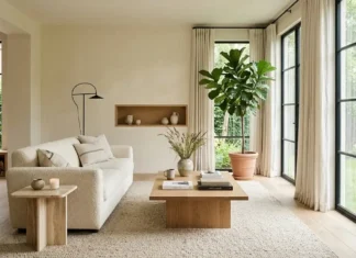 Modern Organic Interior Design Ideas & Guide Organic modern interior design living room with warm neutrals, natural wood, stone, linen, and greenery.