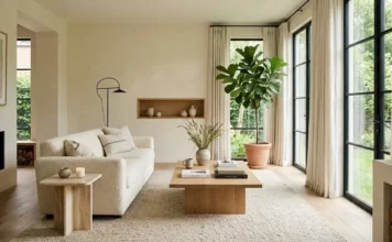 Modern Organic Interior Design Ideas & Guide Organic modern interior design living room with warm neutrals, natural wood, stone, linen, and greenery.