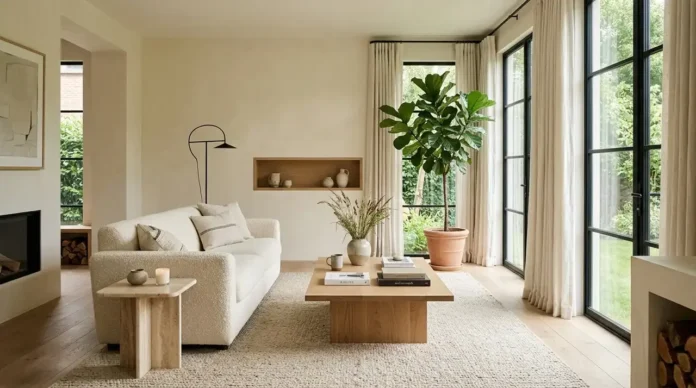 Organic modern interior design living room with warm neutrals, natural wood, stone, linen, and greenery.