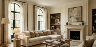 Quiet Luxury Interiors & Home Design Guide Quiet luxury interiors and home design featuring a refined neutral living room with linen, walnut, stone, and warm lighting.