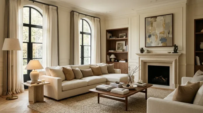 Quiet luxury interiors and home design featuring a refined neutral living room with linen, walnut, stone, and warm lighting.