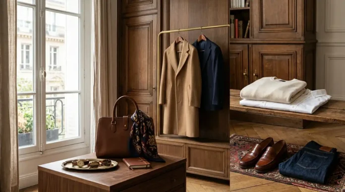 Timeless fashion and heritage style wardrobe with classic luxury clothing and leather accessories