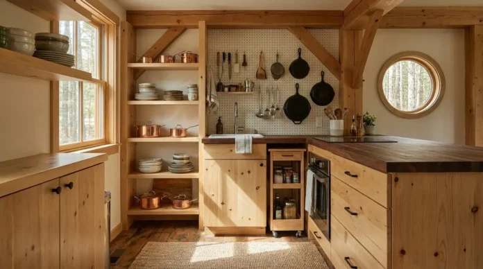 Tiny kitchen cabin storage ideas with vertical shelves, pegboard, wood cabinets, and smart small-space organization