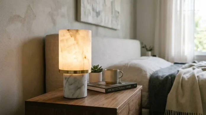 Wireless alabaster & marble touch lamp glowing warmly on an elegant hotel-inspired console table.