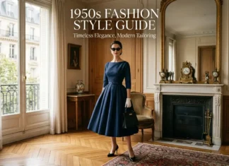 1950s Fashion Style Guide: Timeless Elegance 1950s fashion style guide featuring an elegant tailored fit-and-flare dress