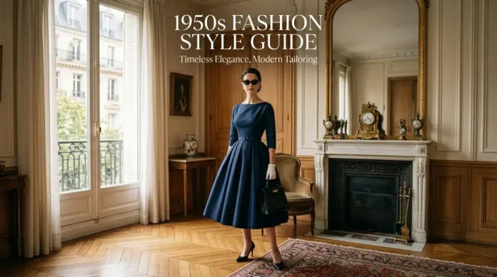 1950s fashion style guide featuring an elegant tailored fit-and-flare dress