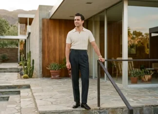1950s Mens Fashion: A Luxury Guide to Retro Style Elegant man wearing a 1950s mens fashion knit polo and tailored high-waisted trousers