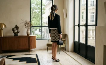 1960s fashion style guide featuring a refined geometric shift dress and Parisian couture-inspired accessories