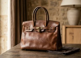Beater Birkin style vintage leather handbag with natural patina and scratches