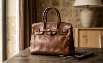 Beater Birkin style vintage leather handbag with natural patina and scratches