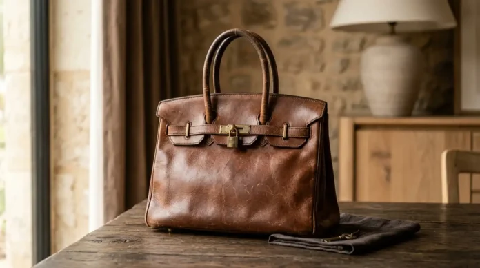 Beater Birkin style vintage leather handbag with natural patina and scratches