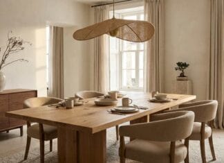 Japandi Dining Room Ideas for a Warm, Refined Home Japandi dining room with natural wood, warm neutral tones, Scandinavian chairs, and Japanese-inspired ceramics