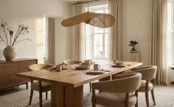 Japandi dining room with natural wood, warm neutral tones, Scandinavian chairs, and Japanese-inspired ceramics